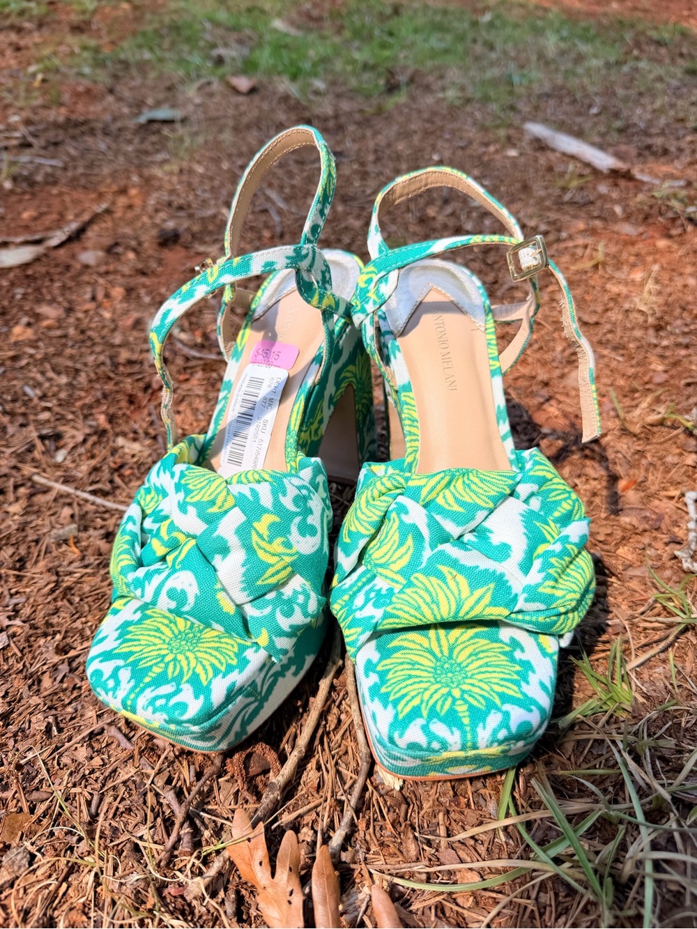 ANTONIO MELANI Green and Yellow Floral Platform Heels with Ankle Strap